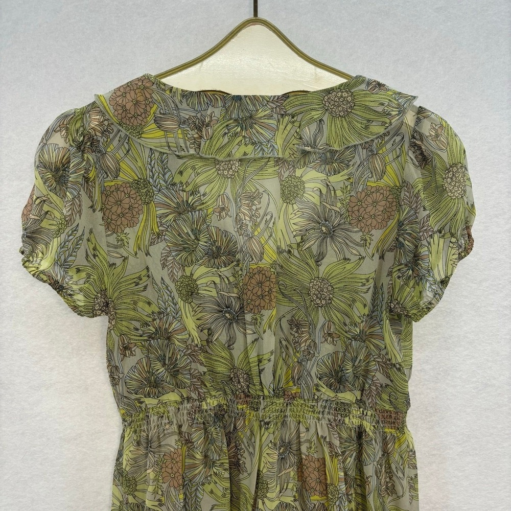 Odille Anthropologie Silk Floral Ruffle Blouse Womens Size 2 Green Boho Feminine - Picture 4 of 9